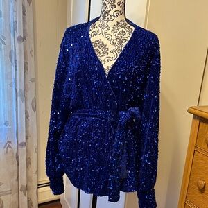 Boohoo Plus Royal Blue Velvet Sequin Wrap Blouse Size 22 New with Tags
